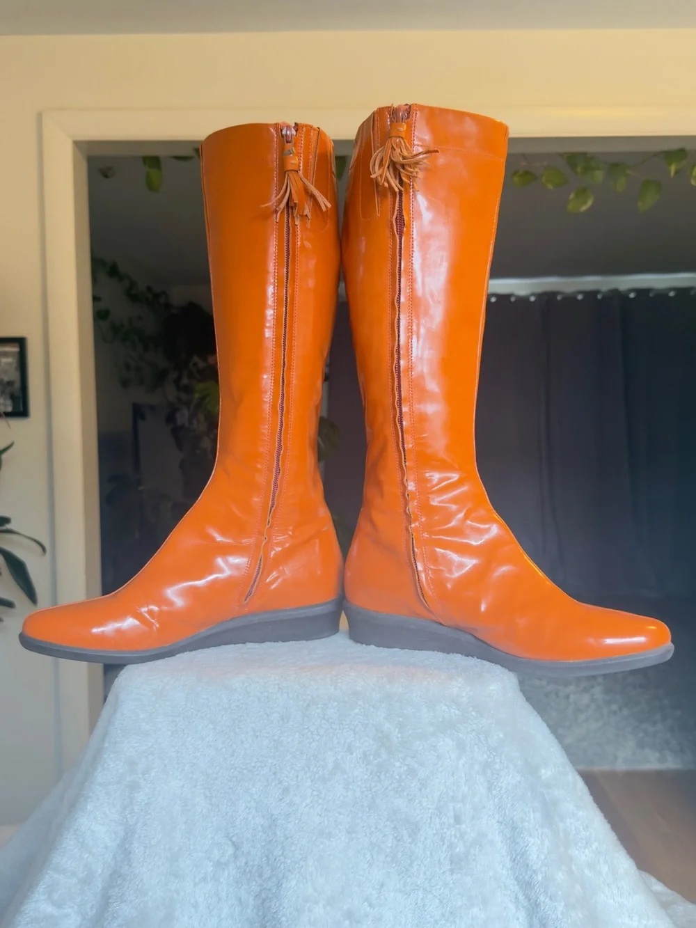 Cole Haan Orange Waterproof Patent Leather Tall Wedge Rain Boots Size 7.5 B